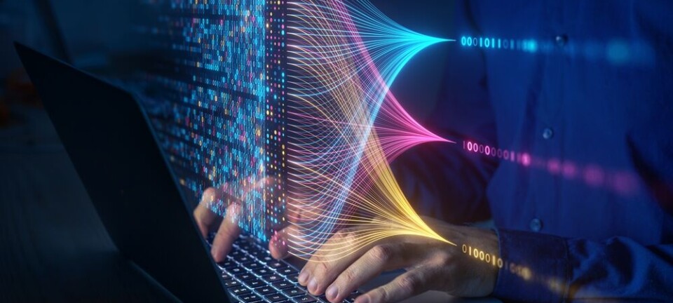 Conceptual illustration: Hands type on a keyboard as lines of light connect representing database values