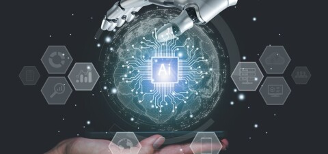 Robotic and human hands holding a glowing AI globe with tech icons on a dark background