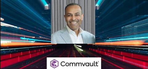 Commvault logo and a CEO Sanjay Mirchandani.
 on a neon digital grid background